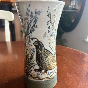 Quail Hand Decorated & Thrown Pottery Vase by Gillian Paynter - Like New